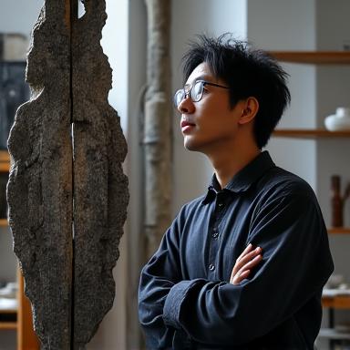 アートメタル彫刻家、田中龍之介のポートレート。複雑な金属製の彫刻の前で思案する姿。