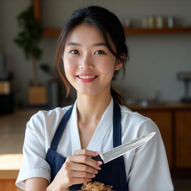 料理専門の職人、佐藤美咲のポートレート。磨き上げられたカスタム包丁を手に微笑む姿。