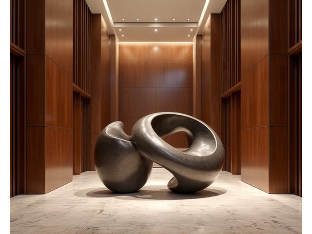 丸の内のオフィスビルエントランスに設置された、企業CIを象徴する抽象的な金属彫刻。