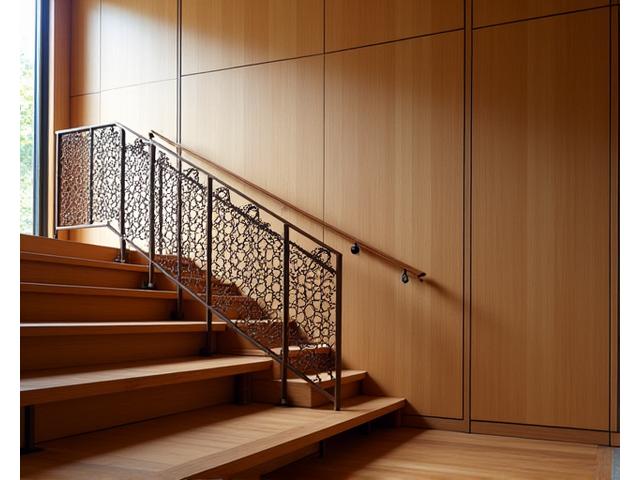 世田谷の個人邸宅に設置された、和モダンなデザインのアイアン製階段手すり。