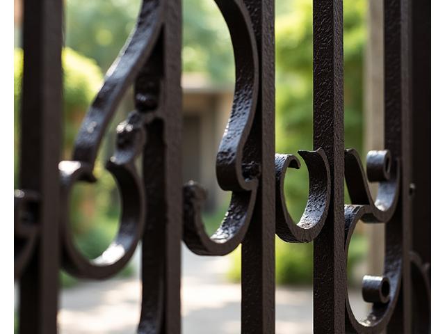 伝統的な意匠が施された重厚なアイアン製エントランス門扉。