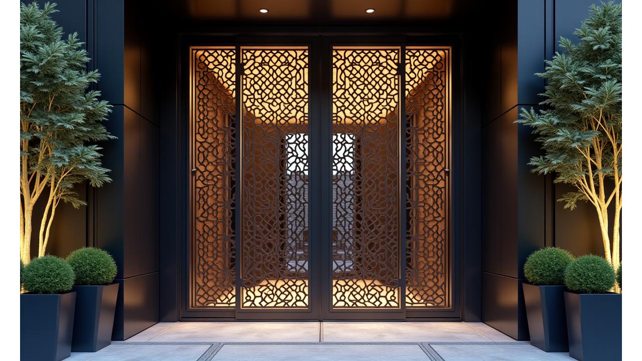 東京都内の高級マンションエントランスに設置されたオーダーメイドの鍛造アイアン門扉。洗練されたデザインと重厚な職人技が融合。