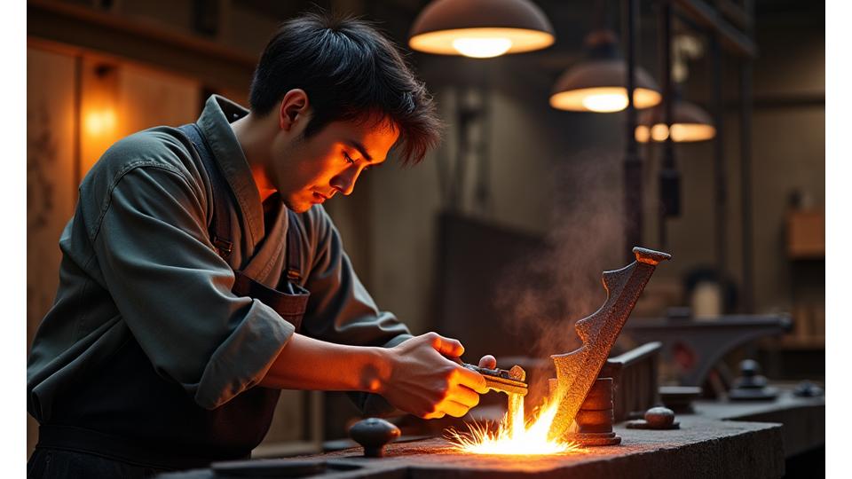 鍛造されたばかりのアイアン製品を熟練の職人が厳しく検査している様子。