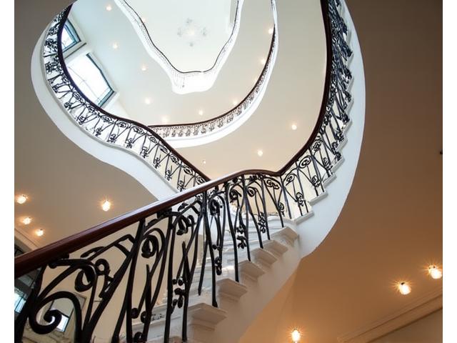 螺旋状に美しく鍛造されたアイアン製の階段手すり。