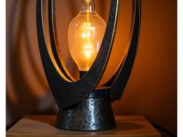 金属製の美しい造形と温かな光を放つ、アートと機能を融合させた照明器具のクローズアップ。