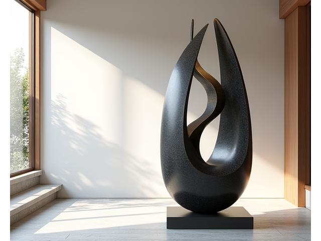 現代的なリビング空間に設置された、コハクフォージドによる洗練されたインテリアメタルアート彫刻。