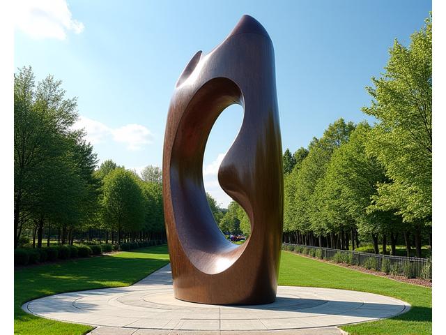 公園の緑豊かな環境に設置された、耐久性と芸術性を兼ね備えた大型屋外メタルモニュメント。