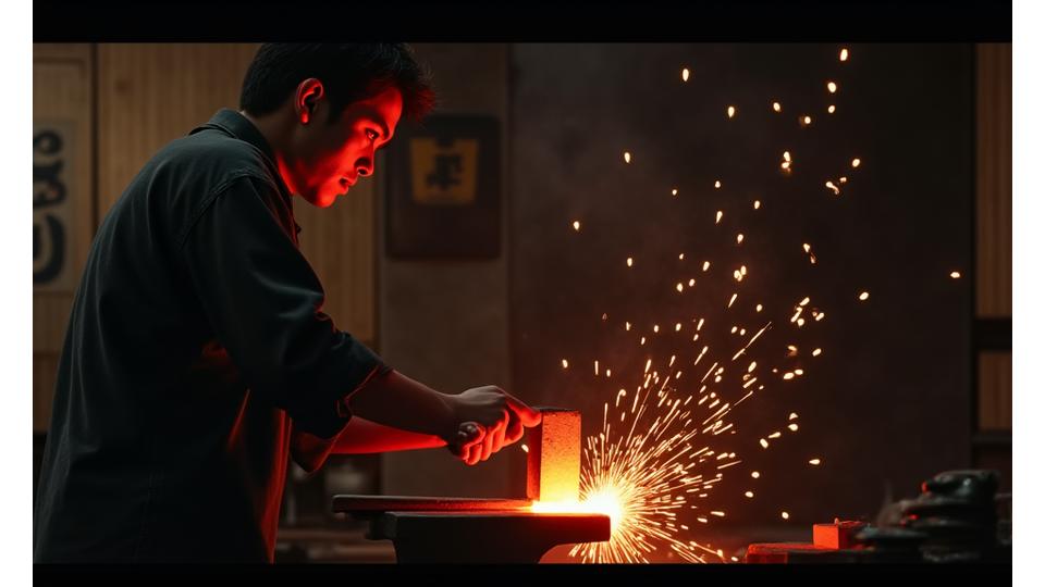 コハクフォージドの職人が、熱い金属をハンマーで叩き、形を創り出す制作風景。職人の手元と集中した表情が印象的。