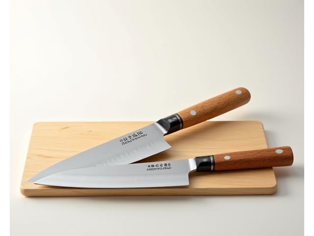 美しい木製の柄を持つ、洗練されたデザインの牛刀と三徳包丁が並べられている。刃には繊細な波紋が浮かんでいる。