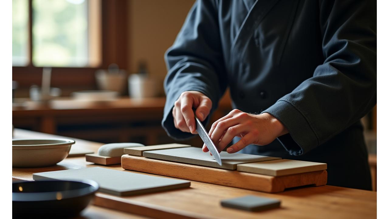 職人が手入れ台の上で包丁を注意深く研いでいる。様々な砥石や道具が並べられ、専門的なメンテナンス作業が行われている様子。