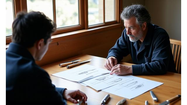 職人が顧客とテーブル越しに包丁の設計図を見ながら真剣に話し合っている様子。手書きのスケッチやサンプルが置かれている。