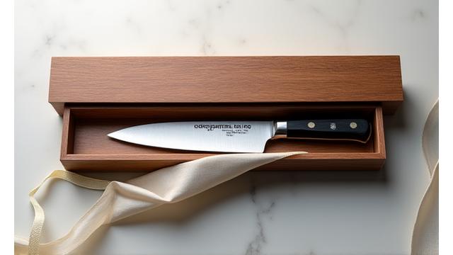 木製の化粧箱に収められた真新しいオーダーメイド包丁。丁寧な包装が施され、贈答品のような高級感を演出している。