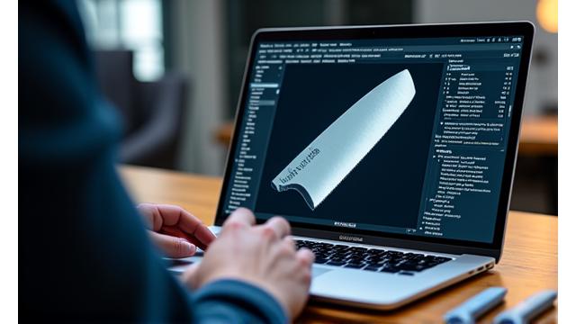 PC画面上で包丁の3Dデザインを作成している様子。様々な角度から包丁の形状や寸法を調整している。