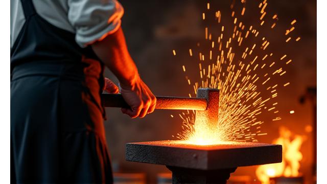 暗い工房で、赤く熱された鋼材を職人が力強くハンマーで叩いている。火花が散り、熱気が伝わってくるような瞬間。