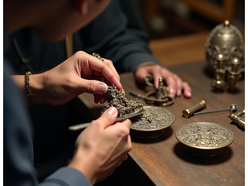 コハクフォージドの熟練職人が、繊細な修復作業に集中している手元のクローズアップ。道具を使い、細密な金属部品を扱っている瞬間。