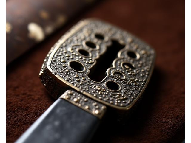 精巧に修復された日本の刀装具、鍔のクローズアップ。経年による錆や傷が取り除かれ、元の美しい彫金が鮮やかに蘇っている。