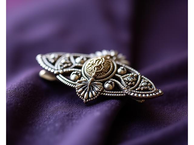 繊細な金属細工が施された帯留めのクローズアップ。磨き上げられ、かつての輝きを取り戻している。