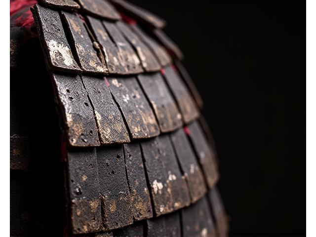 部分的に修復された甲冑の胸元の金属部分。錆びていた箇所が丁寧に洗浄され、欠損部分が伝統的な手法で補完されている。