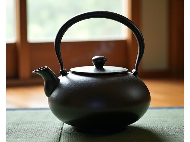 修復された茶道具の鉄釜（茶釜）。内部の錆が除去され、外部の古びた風合いは保ちつつ清潔な状態になっている。