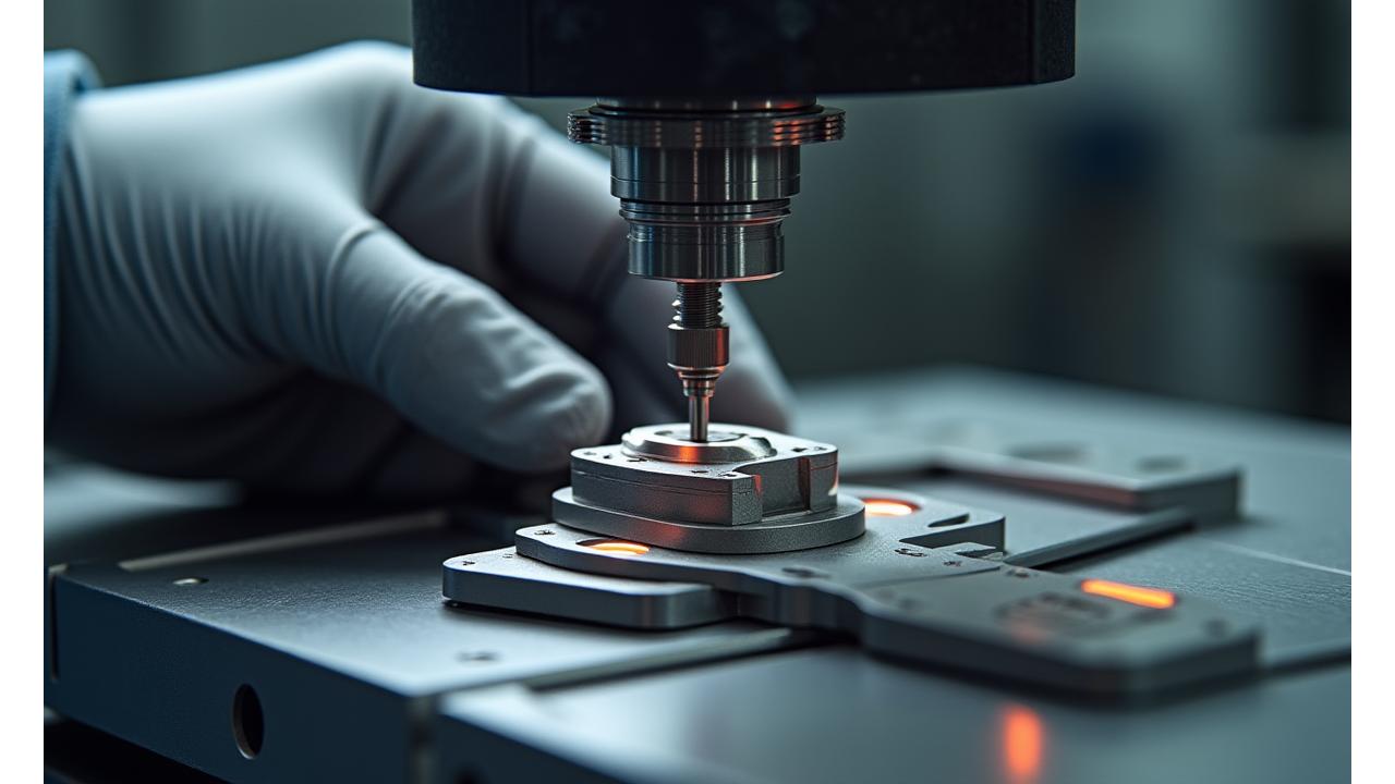 精密測定機器で検査される産業機械部品のクローズアップ、誤差ゼロを追求する職人の手元