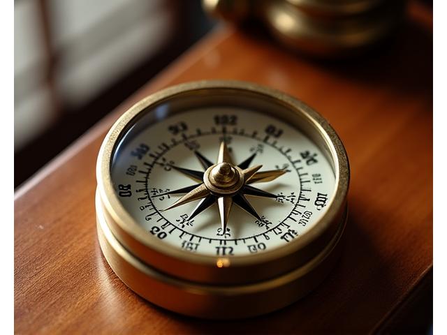 完全に修理され、新品のように輝きを取り戻したアンティークの真鍮製コンパス、細部まで磨き上げられ、ガラス面もクリア