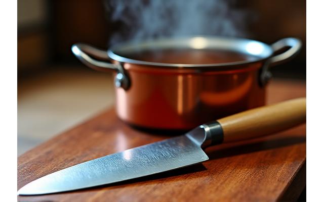 研ぎ澄まされ、新品のように輝く日本の伝統的な鋼の包丁と、修復された銅製の鍋。使い込まれた調理器具が美しく再生されている