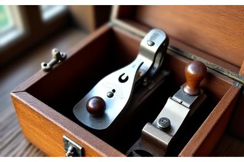 修復された年代物の木工用ノミとカンナが、大切に保管されている木箱に収められている