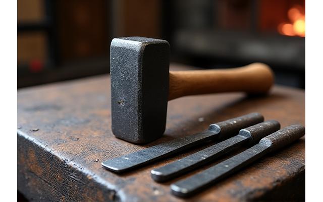 木製の柄が新しく取り付けられ、刃が研ぎ直された鍛造ハンマーとノミ。鍛冶工房の作業台に置かれている様子