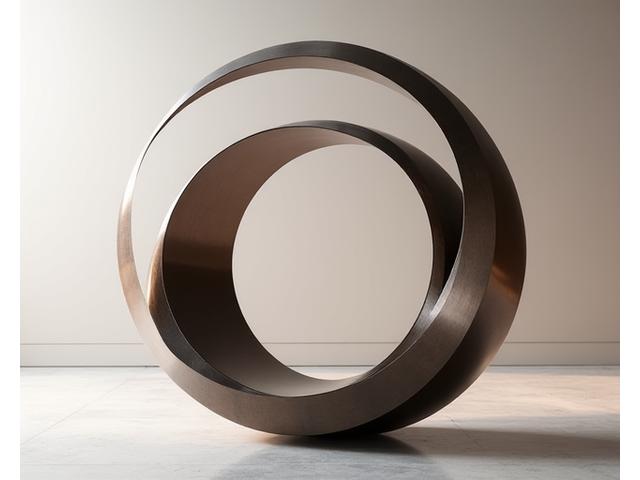 現代的なデザインと伝統技法が融合した金属製のアート彫刻。光沢のある表面と複雑な形状が特徴。