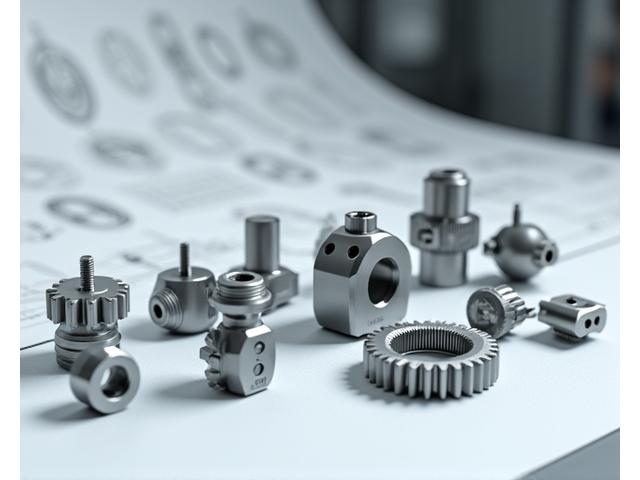 高精度な産業用金属部品が並べられたクリーンな作業台。微細な加工が施されている。