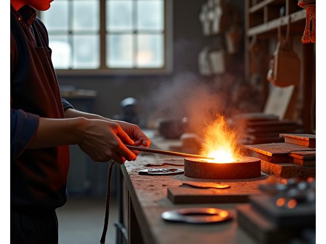 コハクフォージドの作業場での、環境に配慮した鍛造工程。省エネ型炉と再利用材を扱う職人の手元。