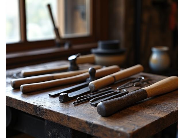伝統的な鍛冶道具（金槌、トングなど）が整然と並べられた作業台。使い込まれた道具の歴史が感じられる。