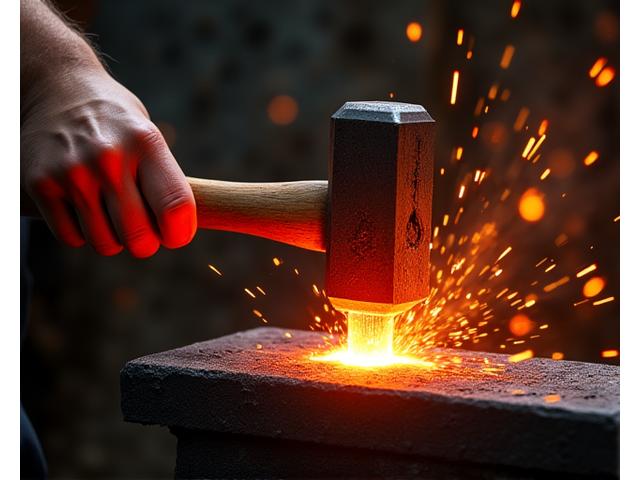 職人が鉄を槌で叩く瞬間