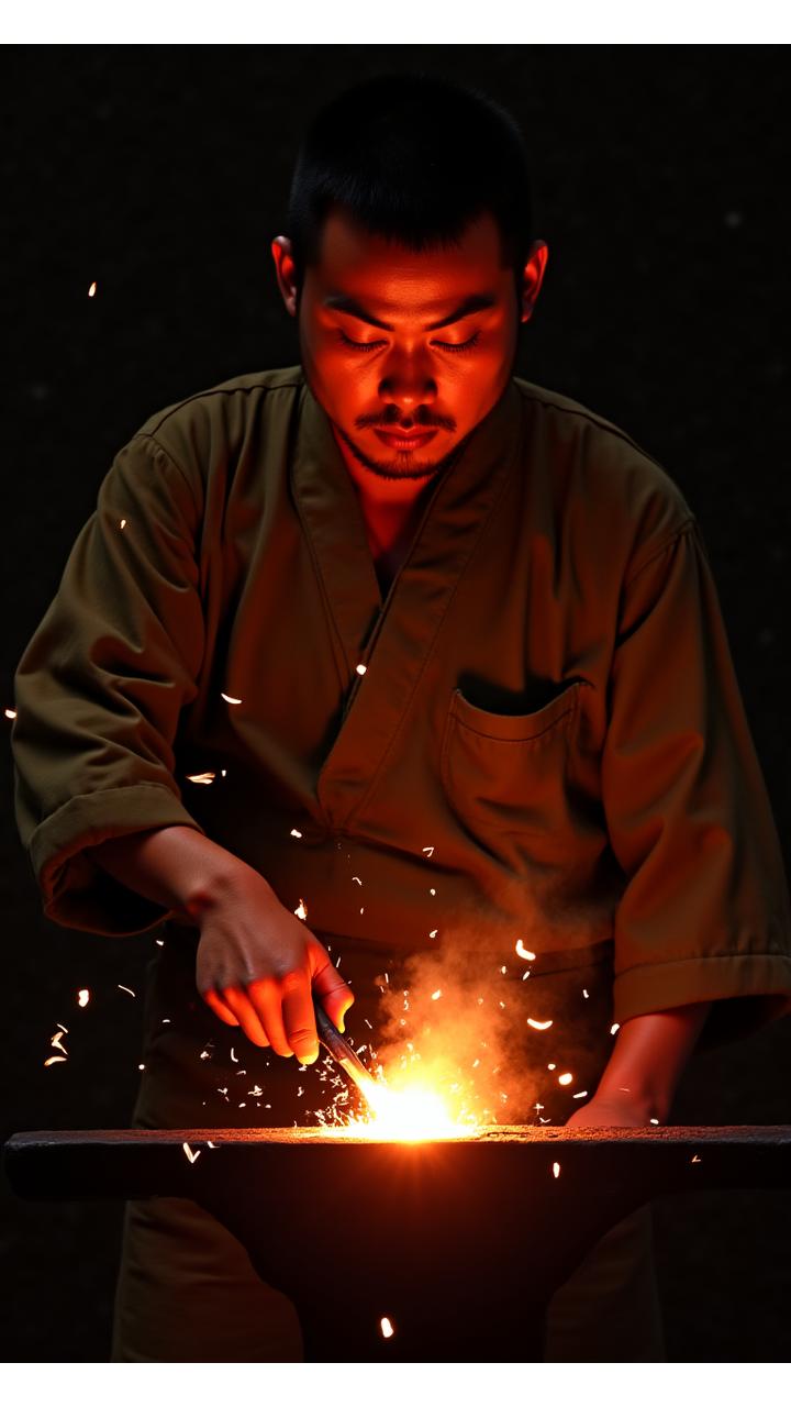 伝統的な炭火鍛造の工房風景、職人が熱い鉄を叩く瞬間