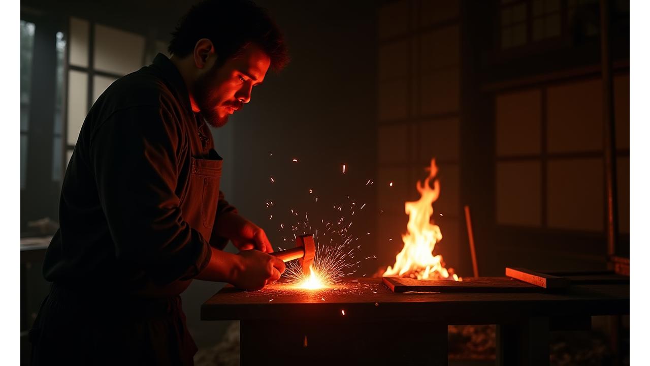 伝統的な炭火鍛造の工房風景、職人が熱い鉄を叩く瞬間