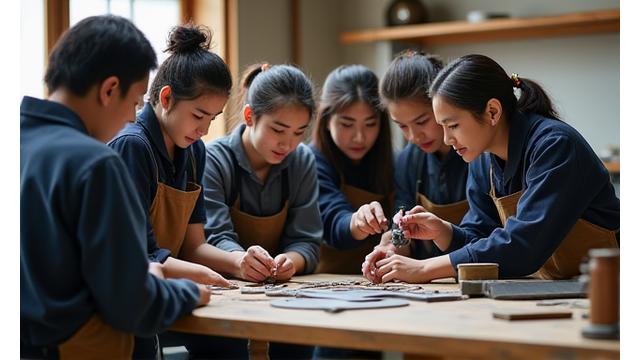 日本の工房で海外の学生が職人と共に作業する様子
