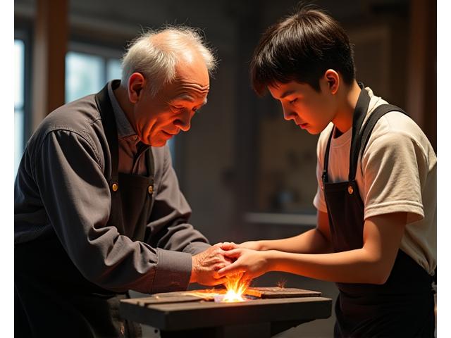 炉の前で若い弟子に指導する熟練の鍛冶職人