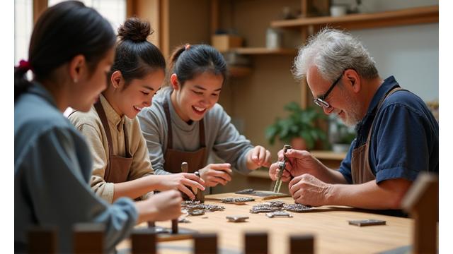 参加者が職人の指導のもと、金属をハンマーで叩く体験風景
